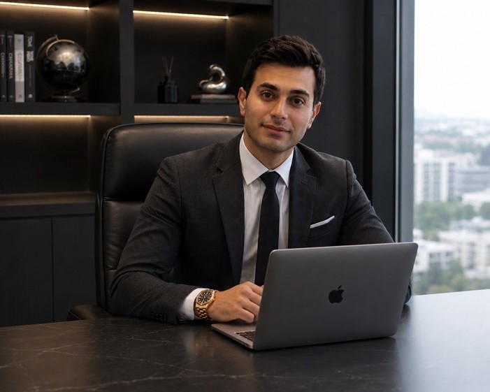 A professional at his desk in a high-rise office, working at a laptop