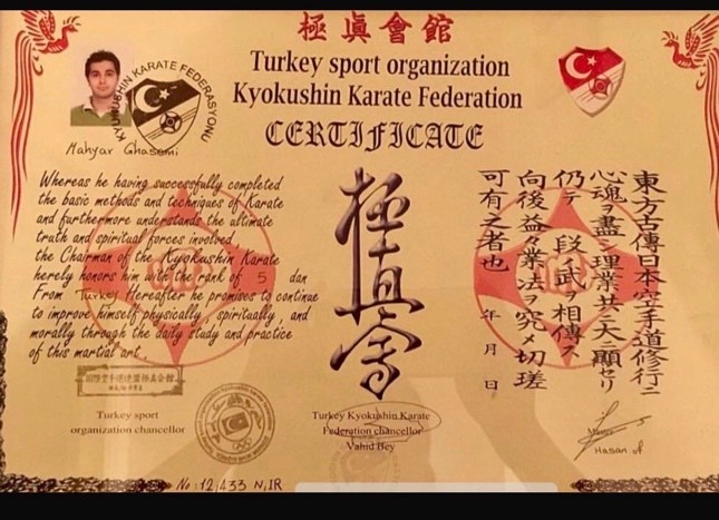 Kyokushin Karate Federation certificate conferring the rank of 5th Dan