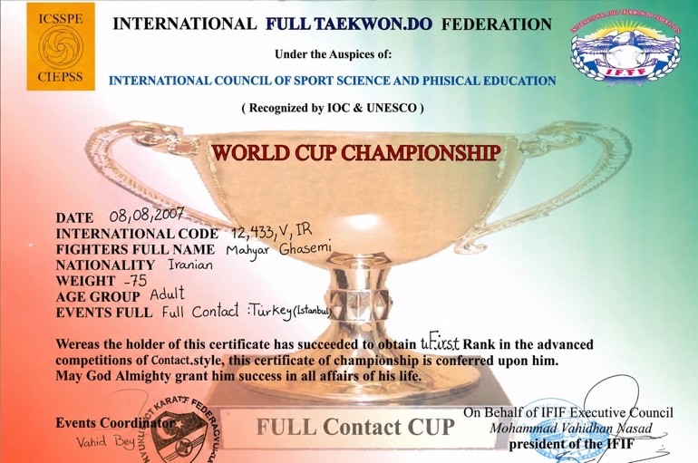 IFTF World Cup Championship full contact certificate, first rank, Istanbul 2007