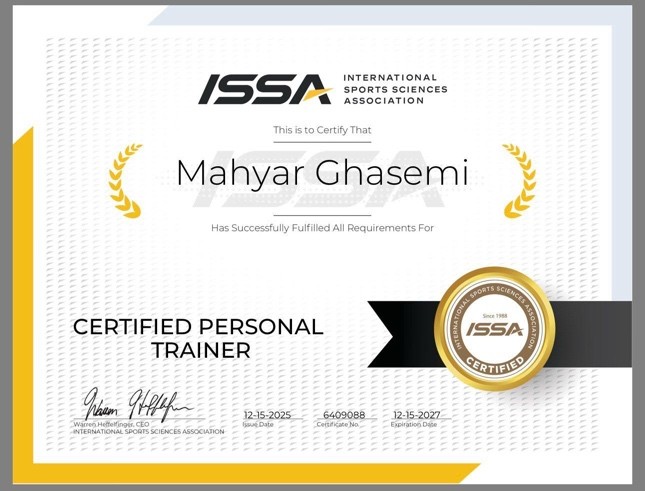 ISSA Certified Personal Trainer certificate issued to Mahyar Ghasemi