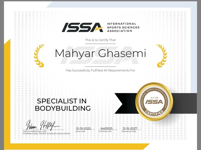 ISSA Specialist in Bodybuilding certificate issued to Mahyar Ghasemi