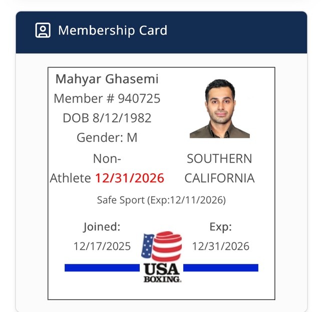 USA Boxing registered membership card in the name of Mahyar Ghasemi