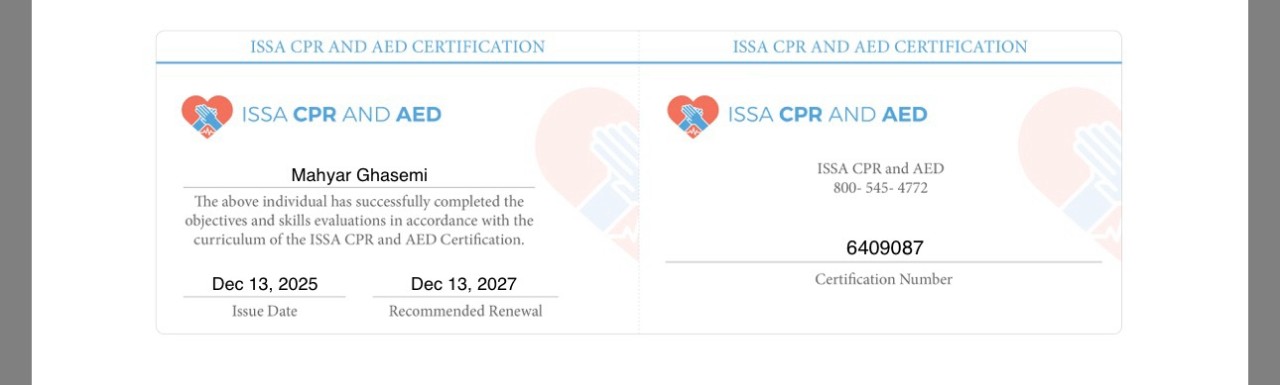 ISSA CPR and AED certification issued to Mahyar Ghasemi