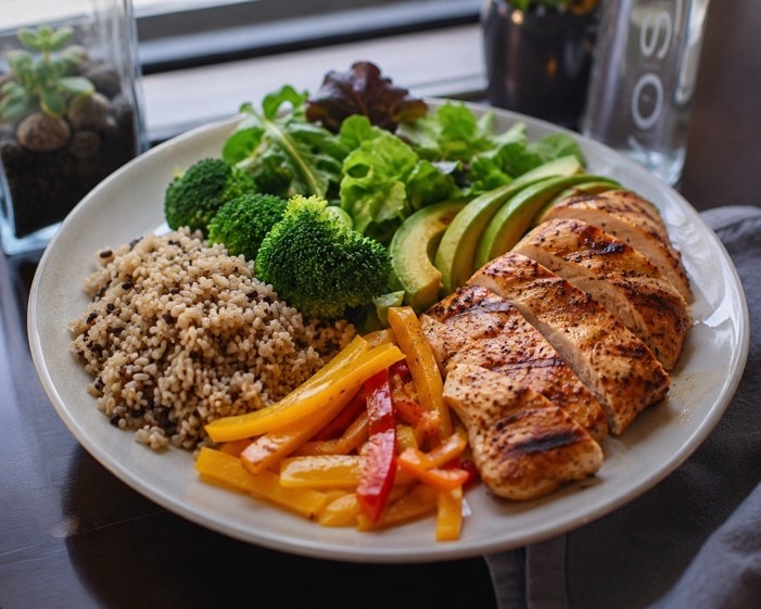 A balanced plate of grilled chicken breast, quinoa, broccoli, avocado and peppers