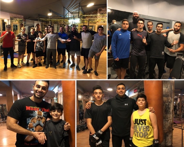 Four photos of Mah Ghasemi with training groups and individual clients in the gym